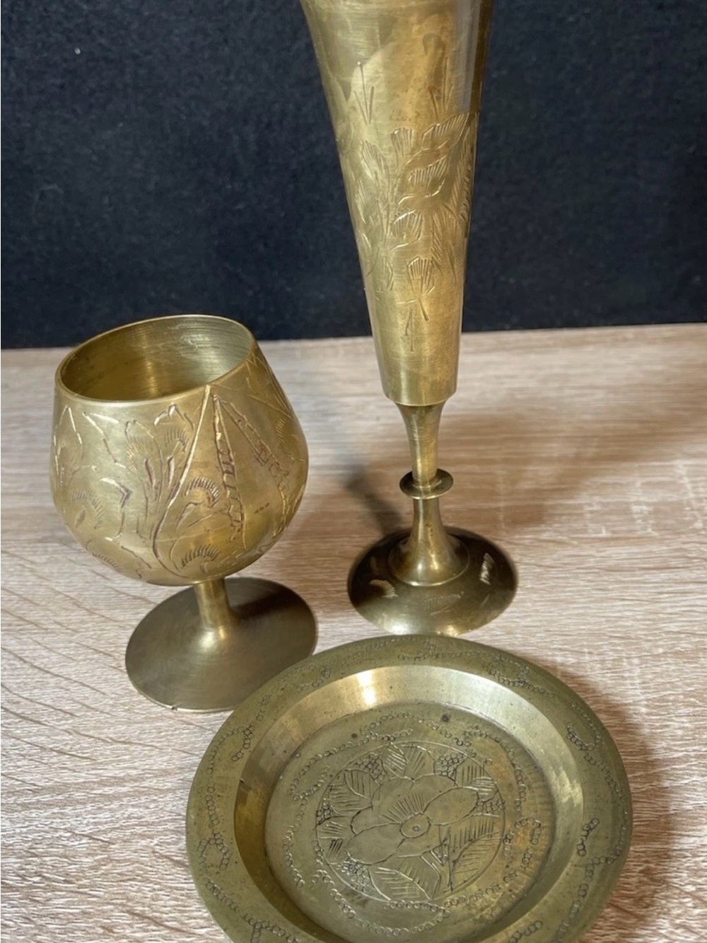 Engraved Brass Decorative Trio - Floral Motif